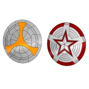 May include: Four round shields with different designs. The first shield is red, white, and blue with a Union Jack design. The second shield is gray with a yellow, three-pointed star design. The third shield is red with a white star design. The fourth shield is red, white, and blue with a blue star design.