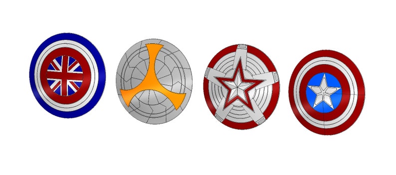 May include: Four round shields with different designs. The first shield is red, white, and blue with a Union Jack design. The second shield is gray with a yellow, three-pointed star design. The third shield is red with a white star design. The fourth shield is red, white, and blue with a blue star design.