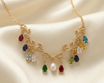 Fresh water pearl necklace mothers day gift  personalized Custom Gemstone Vine Necklace | Gold Branch Jewelry with Rainbow Drops