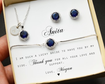 Navy Blue Bridesmaid Jewelry Gift Set, Personalized Initial Bracelet, Earrings