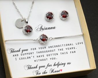 burgundy dark red silver Personalized Bridesmaid Gift custom stud earrings Bracelet Necklace Jewelry Set  Wedding   Proposal Gift Box