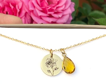 Custom Birthstone Flower Necklace, Personalized Initial Charm, Friendship Gift