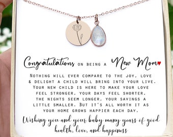 Engraved Birth Flower Necklace, Birthstone Charm – New Mom Gift