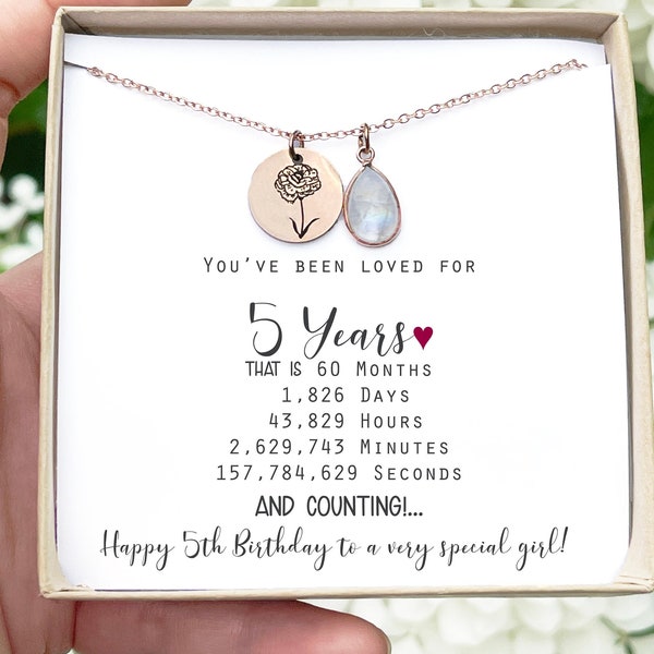 5th birthday gift Happy 5th birthday necklace with birthstone for girl Personalized birthday gift for kids granddaughter step daughter niece