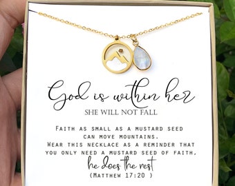 God Is Within Her Necklace, Mustard Seed Mountain Charm Jewelry, Matthew 17:20 Christian Faith Gift for Her, She Will Not Fall Card