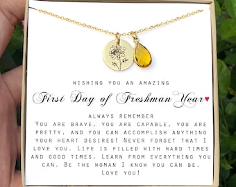 Freshman Year Necklace, Engraved Disc Birthstone Charm