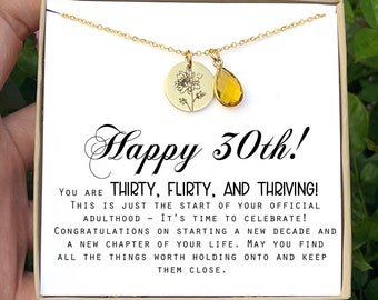 Personalized 30th Birthday Necklace, Birthstone Flower Charm