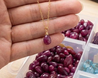 July Birthstone Necklace: Ruby Charm, gold necklace , birthday gift
