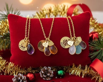 Family charm necklace ,custom birthstone initial necklace unique gift for  new mom personalized mom necklace with kids initials 26