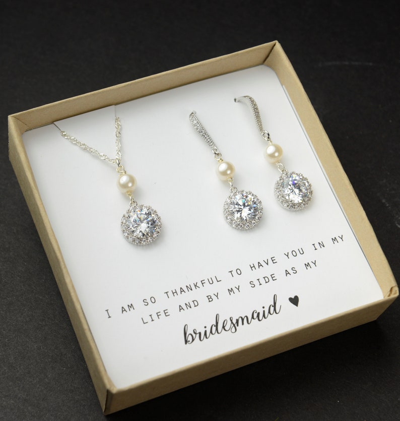 Custom Personalized Pearl necklace CZ bridesmaid gift set bridesmaid bracelet earrings necklace Wedding gift set Bridesmaid earrings gray
