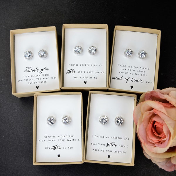 Personalized Rose Gold Bridesmaid Earrings, Cubic Zirconia Studs