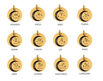 May include: Gold-colored zodiac pendant charms. Each charm features a zodiac symbol and name, along with a crescent moon design. The charms are round and have a loop at the top for attaching to a necklace or bracelet. The zodiac signs include Aquarius, Pisces, Aries, Taurus, Gemini, Cancer, Leo, Virgo, Libra, Scorpio, Sagittarius, and Capricorn.