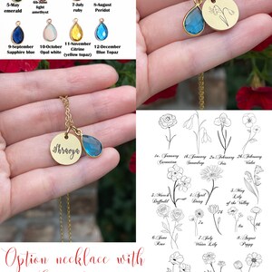 May include: Gold-colored necklaces with teardrop-shaped gemstones and engraved disc pendants. Gemstone colors include garnet, amethyst, aquamarine, emerald, ruby, peridot, sapphire blue, opal white, citrine, and blue topaz. The image also shows birth flower options.