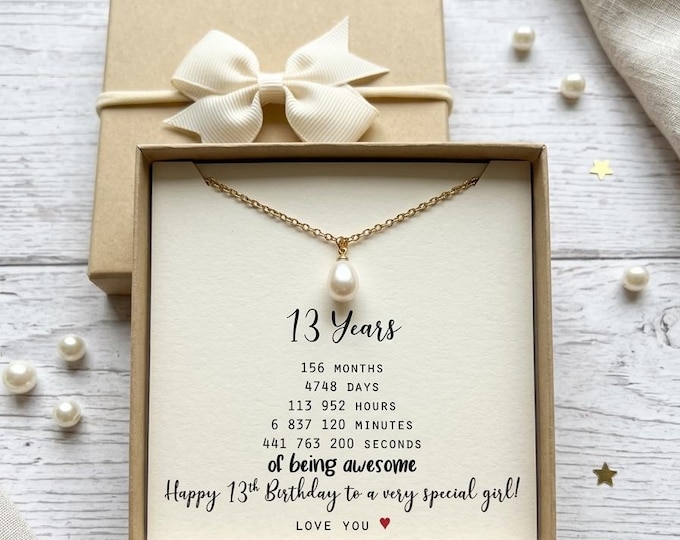 Personalized 13th Birthday Necklace, Birthstone Charm, Engraved Disc ,fresh water pearl TH