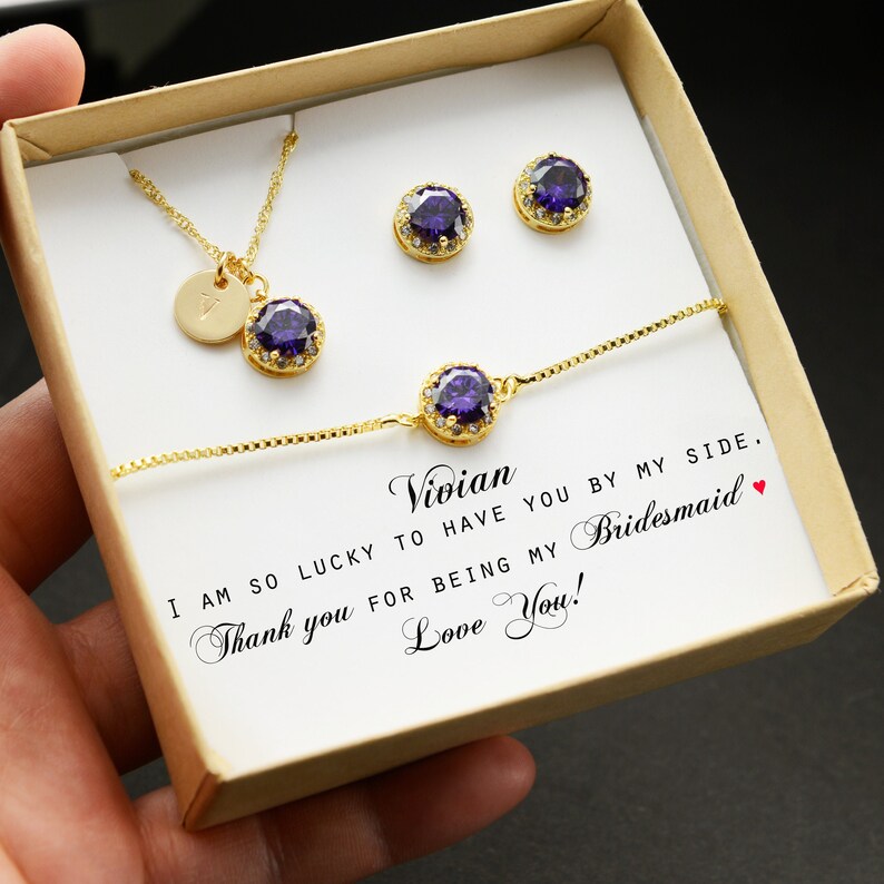 Dark purple deep purple amethyst Personalized initial necklace CZ bridesmaid gift set bridesmaid bracelet purple Bridesmaid earrings