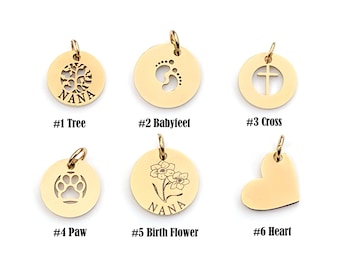 Add on charm for your necklace /bracelet , birthday, birth flower, cross, baby feet, paw, heart, tree of life charm