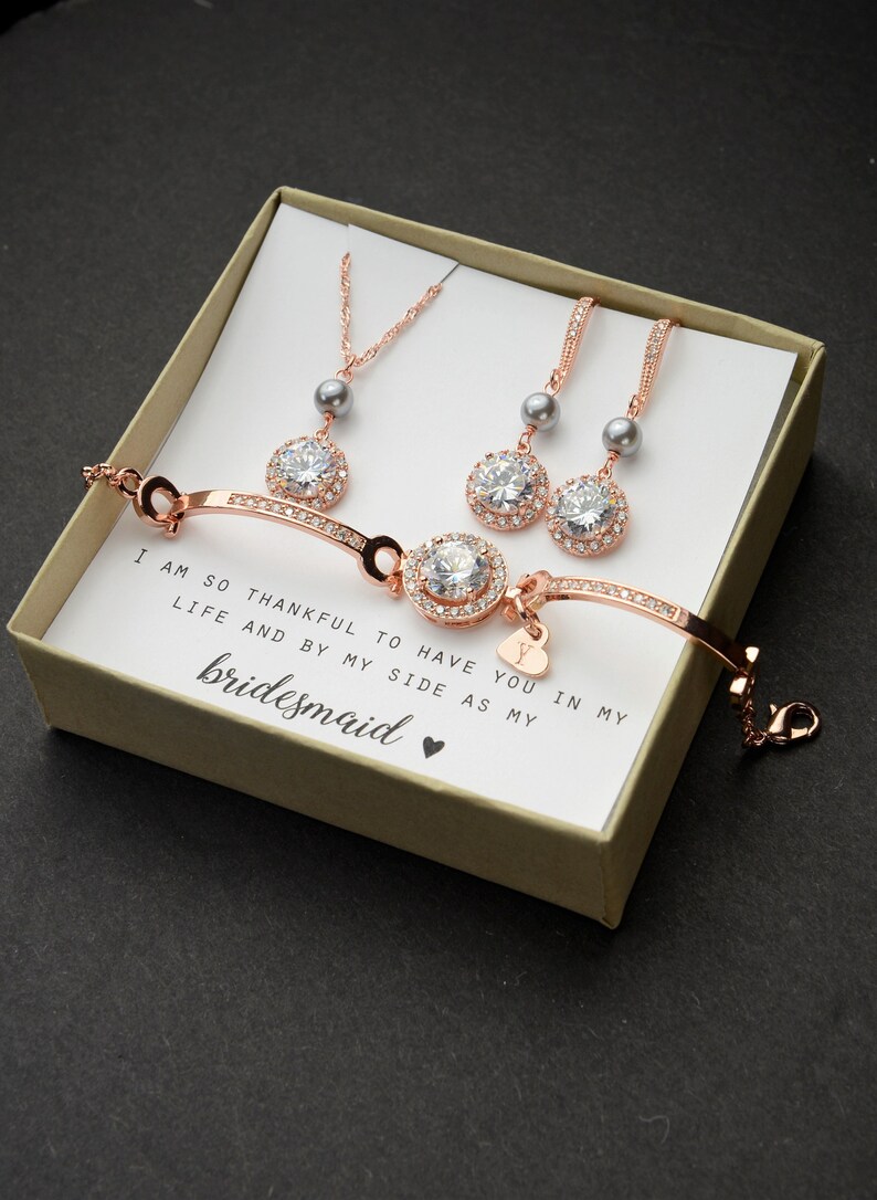 Custom Personalized Pearl necklace CZ bridesmaid gift set bridesmaid bracelet earrings necklace Wedding gift set Bridesmaid earrings gray