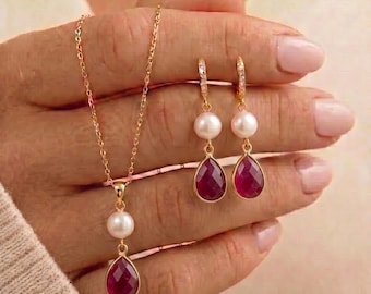 July birthday gift - Fresh water Pearl Drop NATURAL ruby RED gemstones Earrings, Bridal Jewelry, Bridesmaid Gift ,necklace earrings