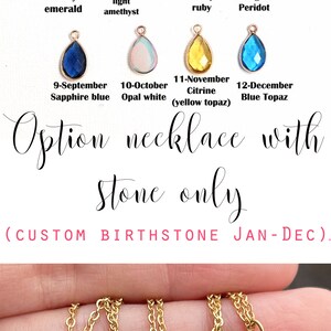 May include: Gold-tone necklaces with teardrop-shaped birthstone pendants. The image displays a variety of gemstone colors, including emerald, amethyst, ruby, and opal. Text indicates the option to customize with birthstones from January to December.