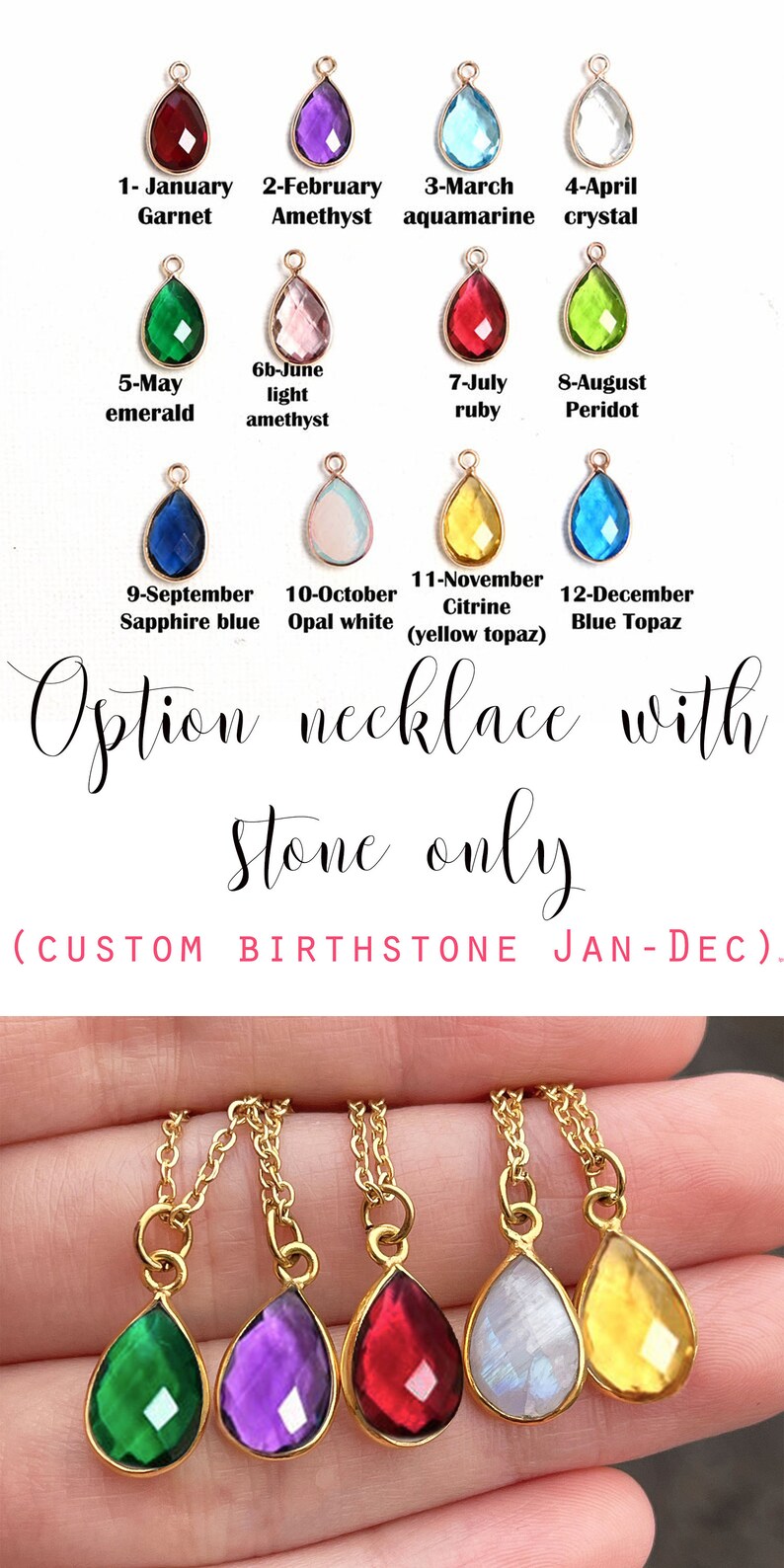 May include: Gold-tone necklaces with teardrop-shaped birthstone pendants. The image displays a variety of gemstone colors, including emerald, amethyst, ruby, and opal. Text indicates the option to customize with birthstones from January to December.