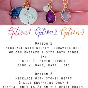 May include: Gold-toned necklaces with gemstone pendants and charms. One necklace has a blue teardrop stone, another a floral engraved disc, and a third a purple teardrop stone. Text reads "3 options to choose".