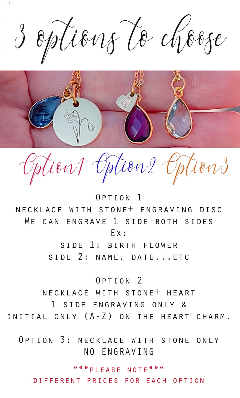 May include: Gold-toned necklaces with gemstone pendants and charms. One necklace has a blue teardrop stone, another a floral engraved disc, and a third a purple teardrop stone. Text reads "3 options to choose".