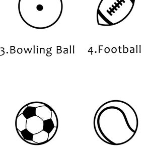 Może przedstawiać: Rysunki linii piłek sportowych: baseball, koszyk&oacute;wka, kula do kręgli, futbol amerykański, piłka nożna, piłka tenisowa, krążek hokejowy i siatk&oacute;wka. Każda piłka jest podpisana.