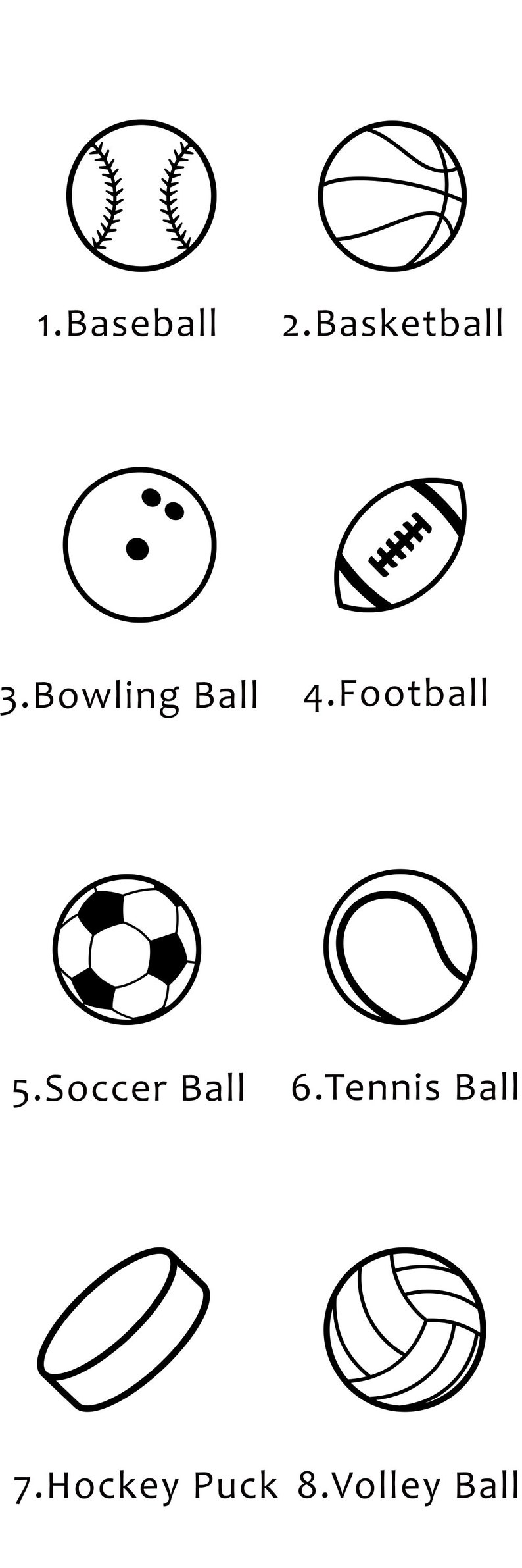 Może przedstawiać: Rysunki linii piłek sportowych: baseball, koszyk&oacute;wka, kula do kręgli, futbol amerykański, piłka nożna, piłka tenisowa, krążek hokejowy i siatk&oacute;wka. Każda piłka jest podpisana.