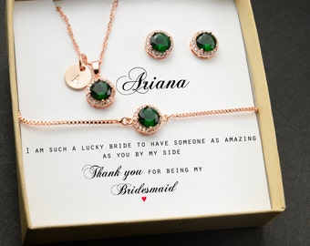 emerald green gold Personalized Bridesmaid Gift custom stud earrings  Bracelet Necklace Jewelry Set Wedding Bridesmaid Proposal Gift Box