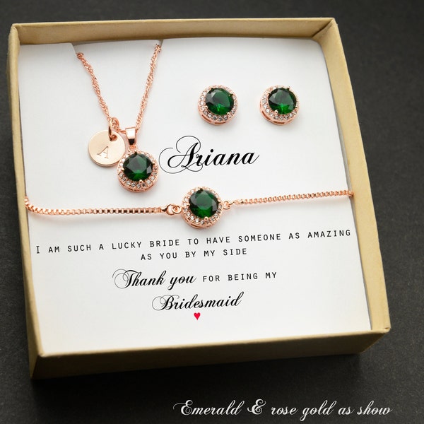emerald green gold Personalized Bridesmaid Gift custom stud earrings  Bracelet Necklace Jewelry Set Wedding Bridesmaid Proposal Gift Box
