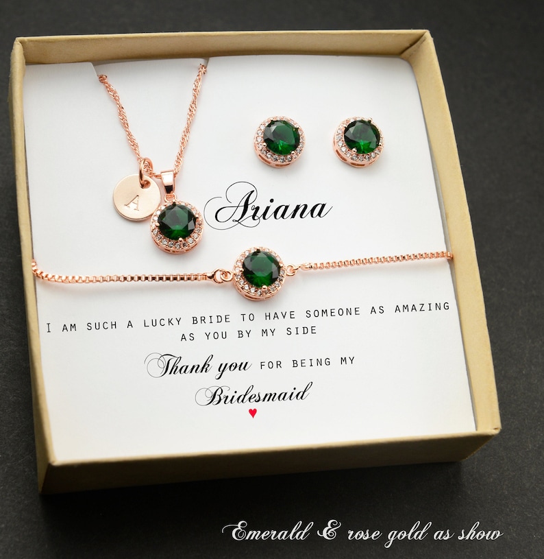 emerald green gold Personalized Bridesmaid Gift custom stud earrings  Bracelet Necklace Jewelry Set Wedding Bridesmaid Proposal Gift Box 