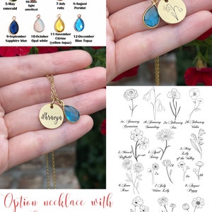 May include: Gold-colored necklaces with teardrop-shaped gemstones and engraved disc pendants. Gemstone colors include garnet, amethyst, aquamarine, emerald, ruby, peridot, sapphire blue, opal white, citrine, and blue topaz. The image also shows birth flower options.