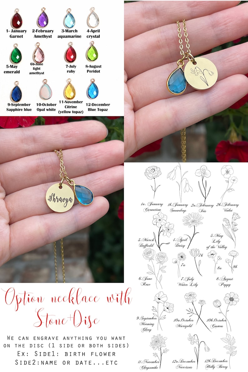 May include: Gold-colored necklaces with teardrop-shaped gemstones and engraved disc pendants. Gemstone colors include garnet, amethyst, aquamarine, emerald, ruby, peridot, sapphire blue, opal white, citrine, and blue topaz. The image also shows birth flower options.