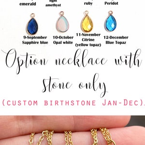 May include: A close-up of a selection of gemstone necklaces, each featuring a teardrop-shaped pendant. The necklaces are arranged in a row, with the gemstones in order from January to December. The gemstones are: Garnet, Amethyst, Aquamarine, Crystal, Emerald, Light Amethyst, Ruby, Peridot, Sapphire Blue, Opal White, Citrine, and Blue Topaz. The text "Option necklace with stone only (CUSTOM BIRTHSTONE JAN-DEC)" is visible below the necklaces.