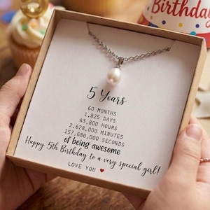 Personalized 5th Birthday Necklace, Birthstone Charm, Engraved Disc ,fresh water pearl TH