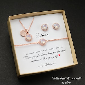 white opal Custom Personalized initial necklace bridesmaid gift set  bridesmaid bracelet earrings necklace Wedding gift set  white opal 1
