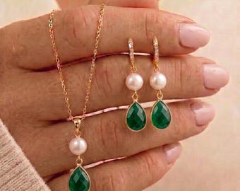 Fresh water Pearl Drop NATURAL EMERALD green gemstones Earrings, Bridal Jewelry, Bridesmaid Gift ,necklace earrings  set