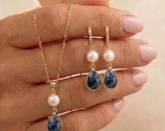 Fresh water Pearl Drop NATURAL sapphire dark gemstones Earrings, Bridal Jewelry, Bridesmaid Gift ,necklace earrings bracelet set