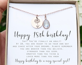18th Birthday Gift: Gemstone Birthstone Necklace, Birth Flower Disc