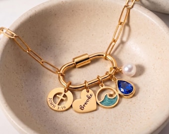 Custom Engraved Charm Necklace: Gold, Silver, Personalized Pendant for Women Mothers day gift