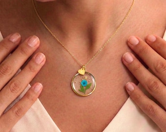 Real Flower Birth Month Necklace, Botanical Pressed Flower Pendant, Gold Waterproof Anti-Tarnish Charm