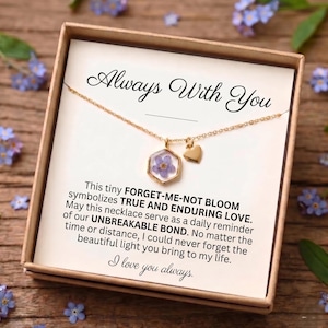 Mother's day gift for mom - Forget-Me-Not Real Flower Pendant Necklace, Gold Heart Charm, Personalized Jewelry image 1