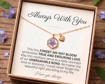 Mother's day gift for mom - Forget-Me-Not Real Flower Pendant Necklace, Gold Heart Charm, Personalized Jewelry