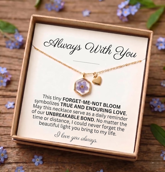 Mother's day gift for mom - Forget-Me-Not Real Flower Pendant Necklace, Gold Heart Charm, Personalized Jewelry
