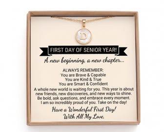 First day of SENIOR year personalized mother pearl initial letter monogram gold necklace Mop