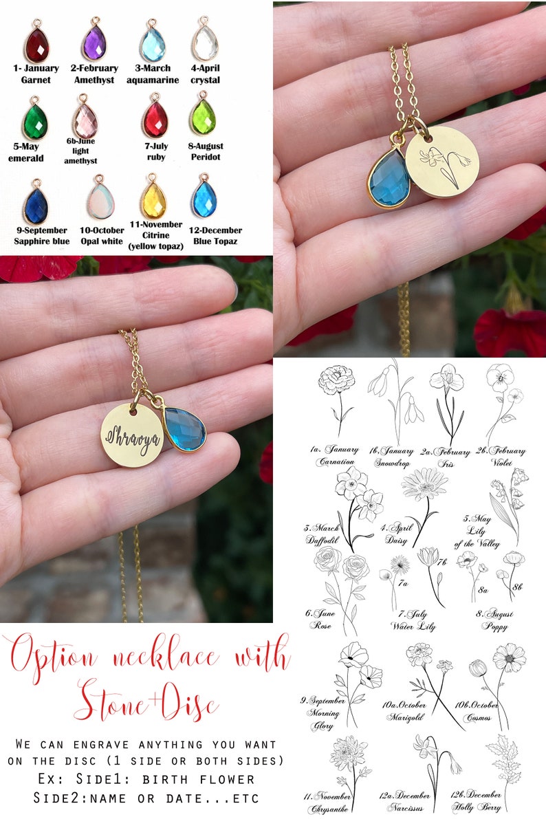 May include: A gold necklace with a teardrop-shaped blue topaz stone and a round disc charm engraved with the name "Shraoya". The necklace is shown on a hand against a white background with a chart of birthstones and flowers.