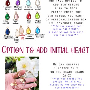 May include: Image features a gold-colored bangle bracelet and necklace with charms, including puzzle pieces and teardrop-shaped birthstones. Text indicates options for adding birthstones and initial hearts. The image also displays a variety of birthstone options.
