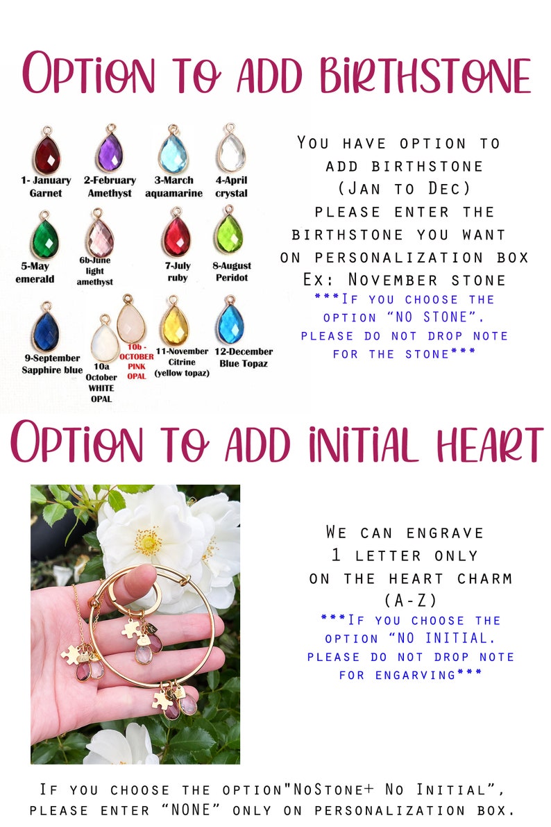 May include: Image features a gold-colored bangle bracelet and necklace with charms, including puzzle pieces and teardrop-shaped birthstones. Text indicates options for adding birthstones and initial hearts. The image also displays a variety of birthstone options.