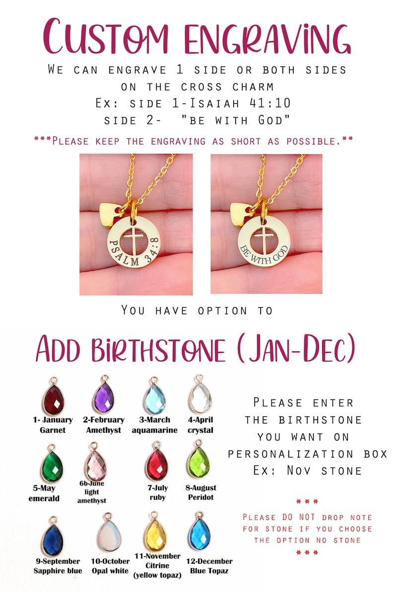 Op de afbeelding: Een gouden ketting met een kruisbedel en een hartbedel. De kruisbedel heeft de tekst "PSALM 34:8" gegraveerd. De hartbedel heeft de tekst "BE WITH GOD" gegraveerd. De ketting wordt getoond met een verscheidenheid aan geboortesteenbedels, waaronder granaat, amethist, aquamarijn, kristal, smaragd, licht amethist, robijn, peridoot, saffierblauw, opaalwit, citrien en blauwe topaas. De tekst "PLEASE ENTER THE BIRTHSTONE YOU WANT ON PERSONALIZATION BOX Ex: Nov STONE" wordt ook getoond. De tekst "PLEASE DO NOT DROP NOTE FOR STONE IF YOU CHOOSE THE OPTION NO STONE" wordt ook getoond.