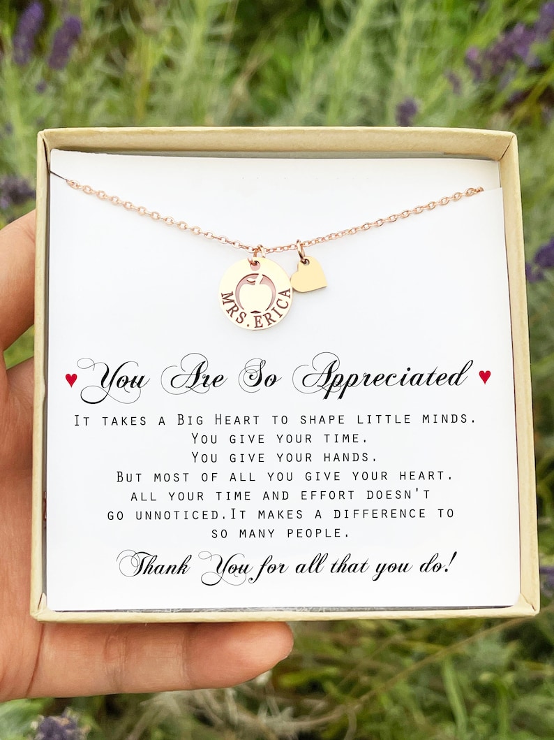 Personalized Preschool Teacher Gift for Pre-K Teacher Appreciation Gift Thank You Teacher Gift Necklace Minimalist Jewelry Gift apple Apple + heart